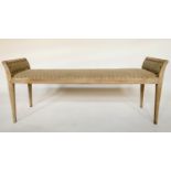 WINDOW SEAT, Edwardian fruitwood, with studded linen upholstery and shaped upstands, 122cm L x