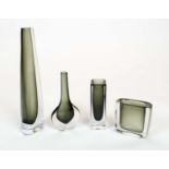 ORREFORS VASES, four pieces, mid-century, smoked glass including a Nils Landberg soliflower vase and