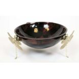 DRAGONFLY BOWL, red and black pen shell bowl with three metal dragonfly supports, 46cm diam x 17cm