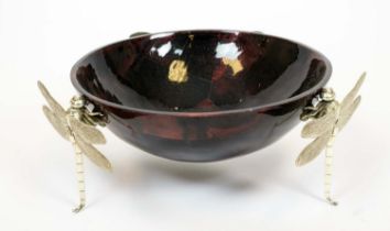 DRAGONFLY BOWL, red and black pen shell bowl with three metal dragonfly supports, 46cm diam x 17cm