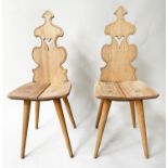 SWISS HALL CHAIRS, a pair, elm with pierced backs, cleated. (2)