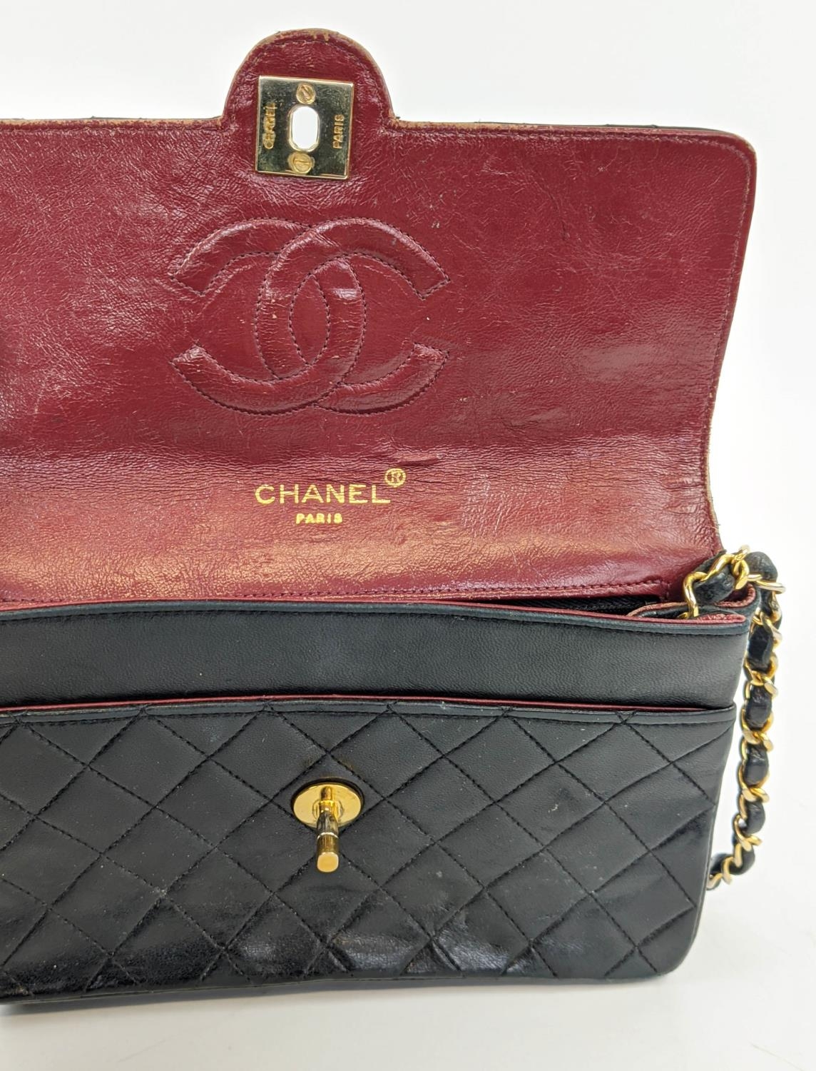 VINTAGE CHANEL FLAP BAG, round turn-lock, iconic burgundy leather lining, quilted front and back - Image 11 of 13