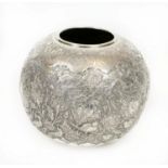 A PERSIAN WHITE METAL VASE, probably high grade silver, ovoid in form, embossed body depicting birds