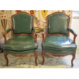 FAUTEUILS, a pair, Louis XV style beechwood in green leather, 96cm H x 67cm. (2)