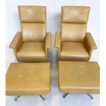 LACIVIDINA REVOLVING LOUNGE CHAIRS, a pair, lemon leather upholstered revolving, on chromed supports