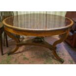 DINING TABLE, Edwardian mahogany and boxwood strung with circular satinwood crossbanded top on brass