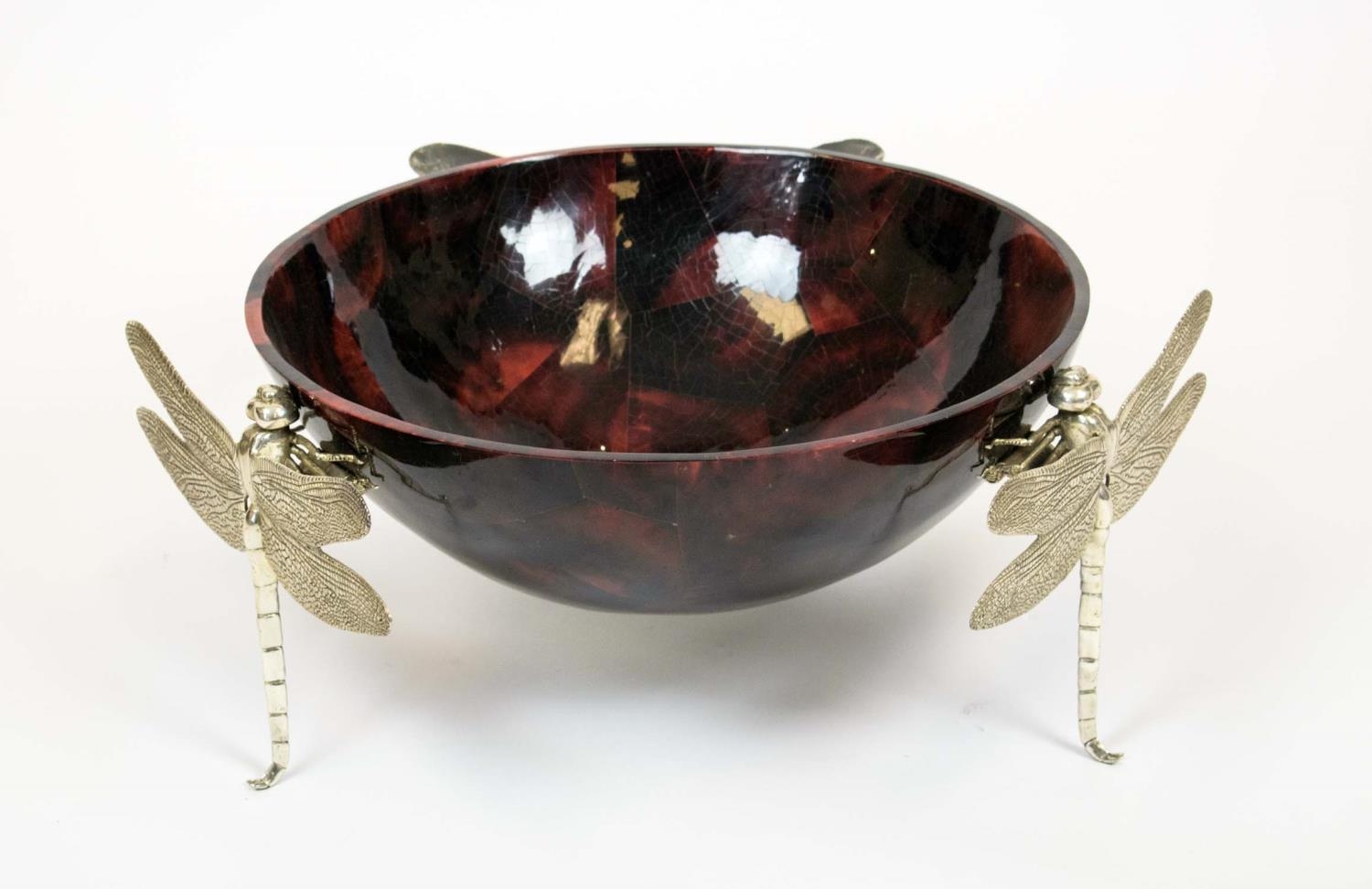 DRAGONFLY BOWL, red and black pen shell bowl with three metal dragonfly supports, 60cm diam x 24cm