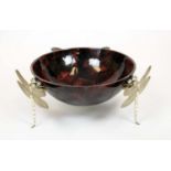 DRAGONFLY BOWL, red and black pen shell bowl with three metal dragonfly supports, 60cm diam x 24cm