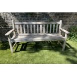 GLOSTER GARDEN BENCH, silvery weathered teak of slatted form with flat top arms, 159cm W.