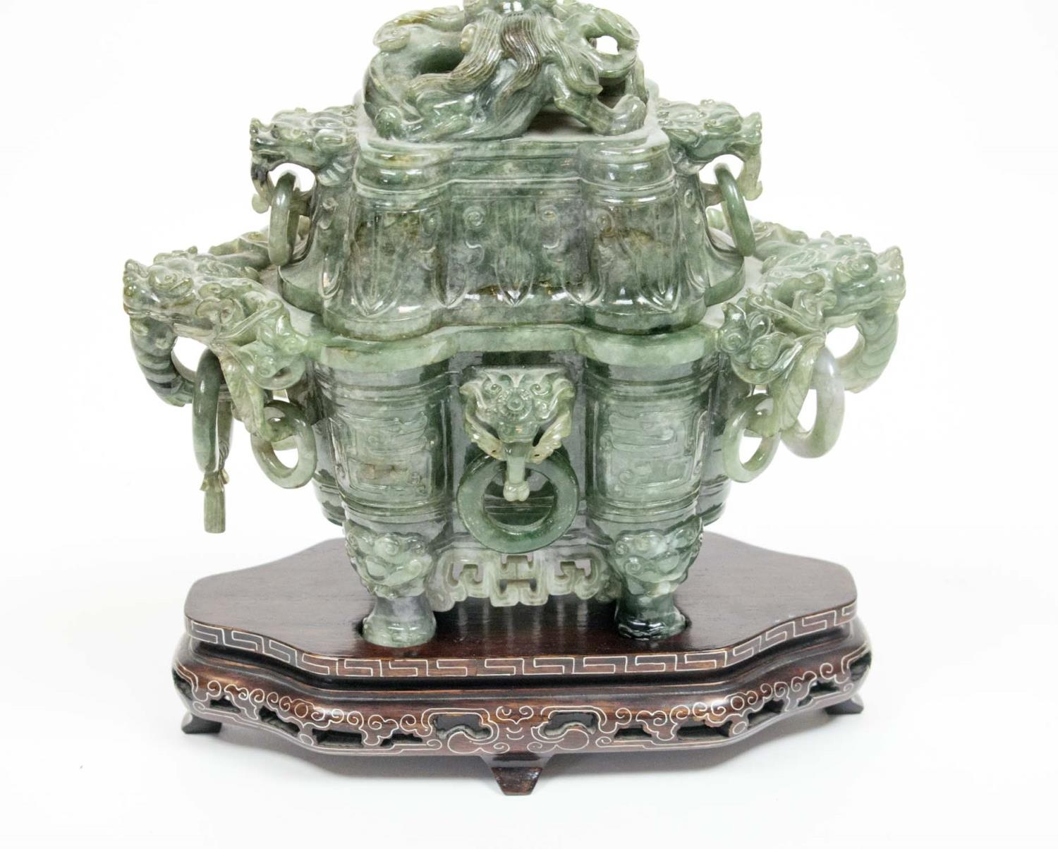 SPINACH JADE CHINESE KORO AND COVER, 20th century, the dragon head handles with loose rings, on - Image 2 of 3