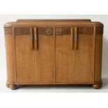 SIDEBOARD/DRINKS CABINET, Art Deco oak and silvered metal of rounded rectangular form, with two