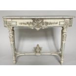 CONSOLE TABLE, 19th century French Louis XVI style carved cream painted with blue accents, marble