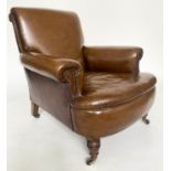 CLUB ARMCHAIR by James Shoolbred, 19th century Howard style with studded tan leather upholstery,