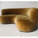 SOFA BENCH by Pierre Augustin Rose, curved golden plush velvet of soft rounded form by Pierre