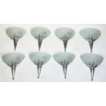 WALL LIGHTS, a set of eight, Art Deco design, chrome with frosted glass shades, 35cm H x 30cm. (8)