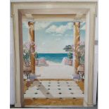 RIVIERA SCHOOL, 'Classical Terrace with Mediterranean beyond', oil on panel, 235cm x 185cm, framed.