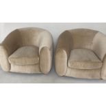 ARMCHAIRS, a pair, tub back in golden yellow velvet with rounded backs and arms, 95cm W. (2)