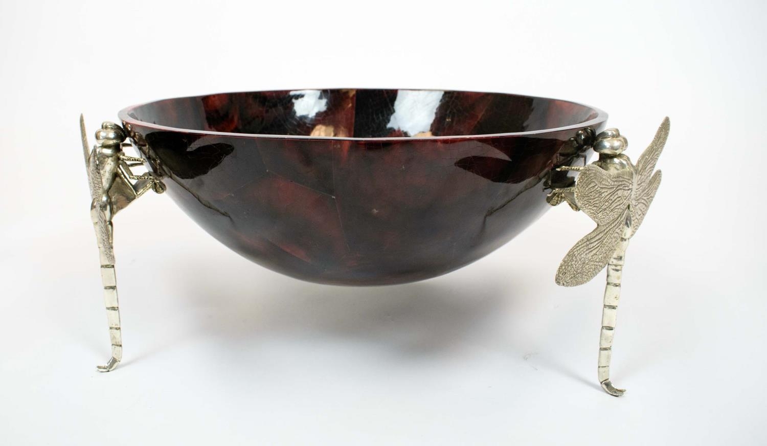 DRAGONFLY BOWL, red and black pen shell bowl with three metal dragonfly supports, 60cm diam x 24cm - Image 5 of 9