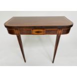 TEA TABLE, George III foldover figured mahogany and satinwood crossbanded with tablet centred frieze