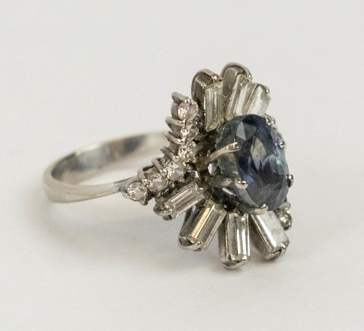 DRESS RING, 18ct white gold diamond and blue stone, the single oval cut blue stone possibly a - Image 2 of 8