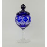 BOHEMIAN GLASS PEDESTAL CUP & COVER, blue flash cut of recent manufacture, 40cm H.