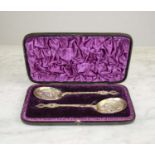 SILVER PARCEL GILT SPOONS, a pair, by Robert Stebbings, London, 1886, boxed 25cm x 15cm. (2)