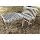 GARDEN BENCH AND TABLE, weathered teak with unusual slatted upright back, 120cm W, together with a