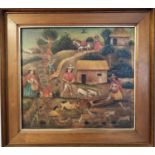 PERUVIAN 'NAIVE' SCHOOL, 'Farm Scene with Figures', oil on board, 43cm x 48cm, framed.