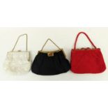 EVENING BAGS, collection of three, comprising one in red, one in black with enameled decoration, the