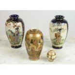 SATSUMA VASES, a pair, decorated with figures in garden scene signed base, a gold ground thousand