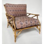 CONSERVATORY ARMCHAIR, traditional bamboo framed and cane bound, with seat and back cushions and