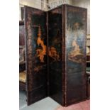 CHINESE SCREEN THREE FOLD, 19th century, green and gilt design, leather, each panel 48cm W x 178cm