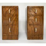 ART DECO BEDSIDE CHESTS, a pair, figured walnut each with three drawers and silvered handles, 47cm D