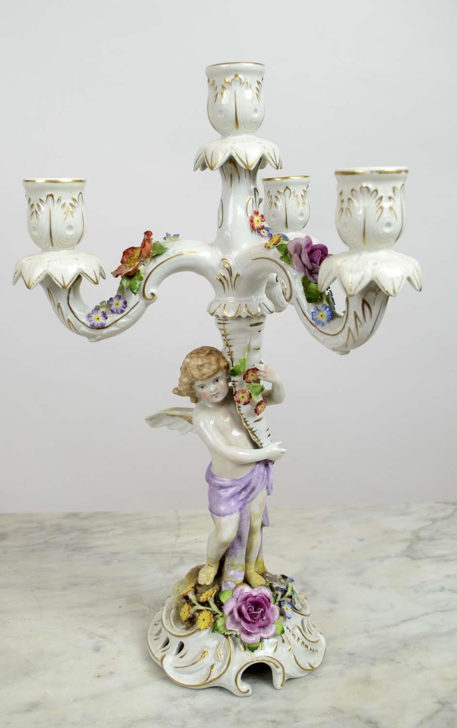 DRESDEN CANDELABRA, a pair, cherub hand painted by Von Schierholz with a similar Dresden pierced - Image 2 of 7