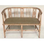 HALL SEAT, Edwardian bleached mahogany, with rounded spindle and splat back, brass studded linen