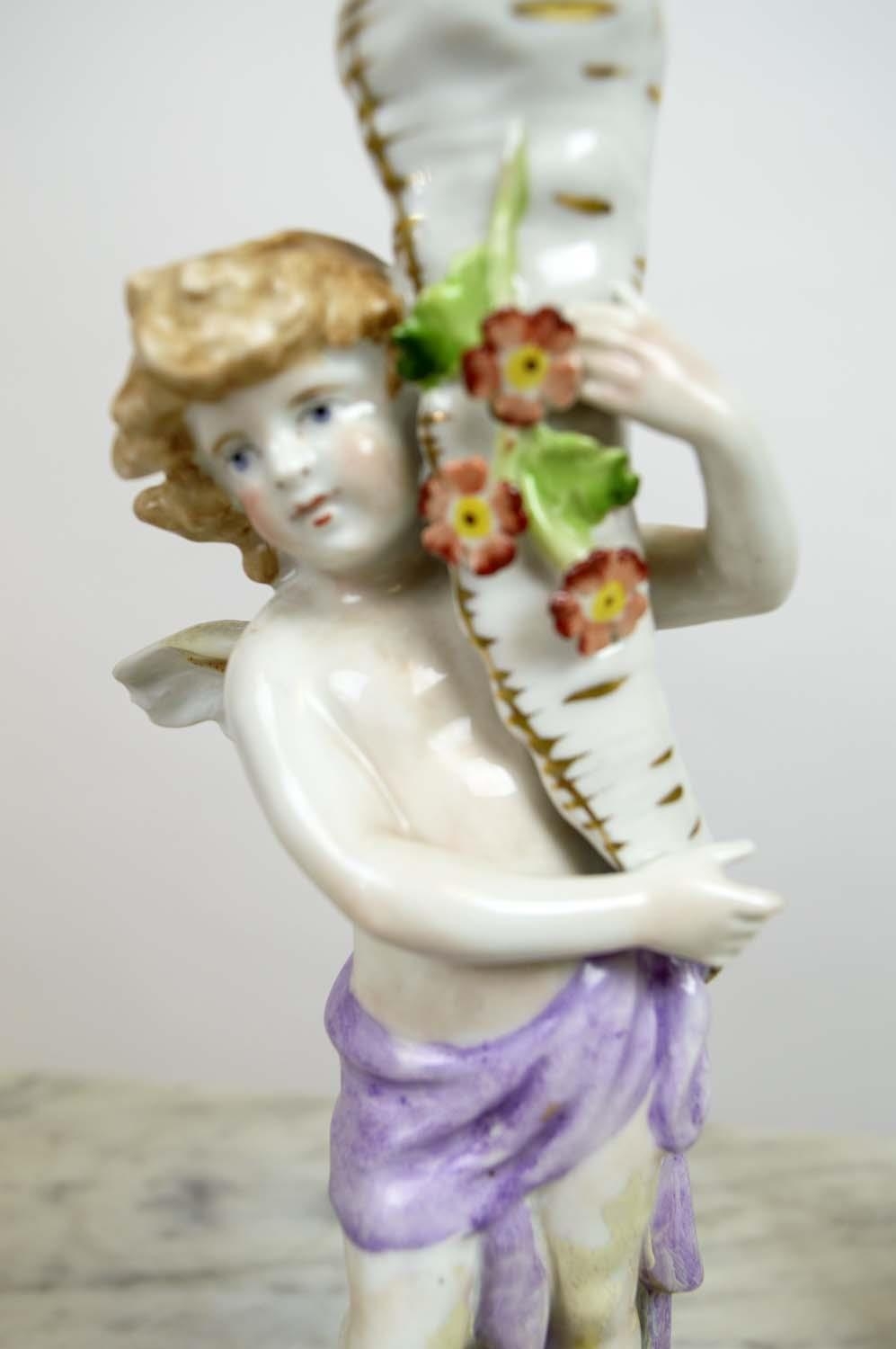 DRESDEN CANDELABRA, a pair, cherub hand painted by Von Schierholz with a similar Dresden pierced - Image 5 of 7