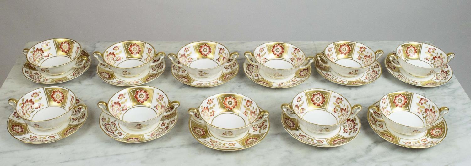 ROYAL CROWN DERBY SOUP BOWLS AND DISHES, 'Red Derby Panel', a set of eleven. (11)