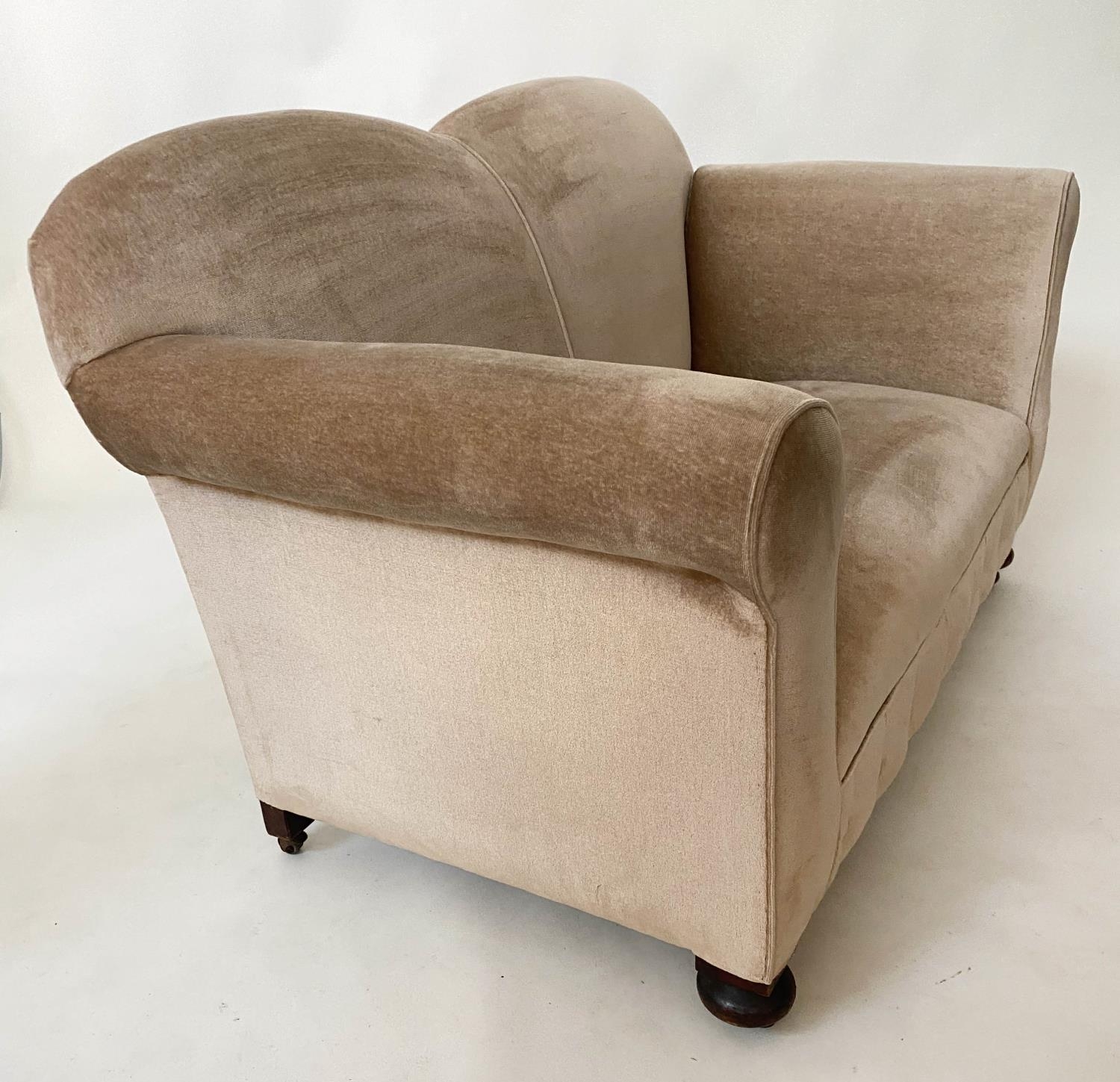 SOFA, 140cm W x 159cm arm down Edwardian two seater with drop arm and button taupe velvet - Image 5 of 8