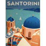 REPRODUCTION VINTAGE SANTORINI GREEK ISLAND TRAVEL ADVERTISEMENT, painted on canvas, unframed, 120cm