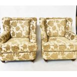 ARMCHAIRS, a pair, two tone sand brocade upholstered with turned front supports, 89cm W. (2)