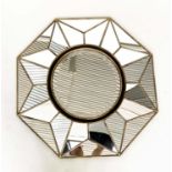 WALL MIRROR, octagonal framed marginal with central bevelled circular mirror, 88cm W.