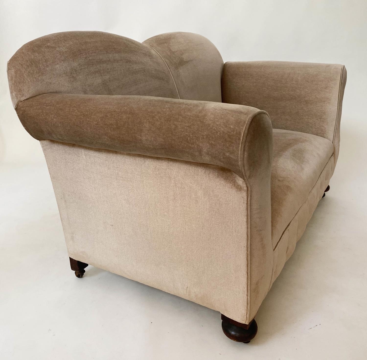 SOFA, 140cm W x 159cm arm down Edwardian two seater with drop arm and button taupe velvet - Image 4 of 8