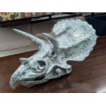 FAUX TRICERATOPS SKULL, resin, silvered finish, 34cm x 60cm x 45cm.