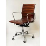 REVOLVING DESK CHAIR, Charles and Ray Eames inspired ribbed natural leather revolving and