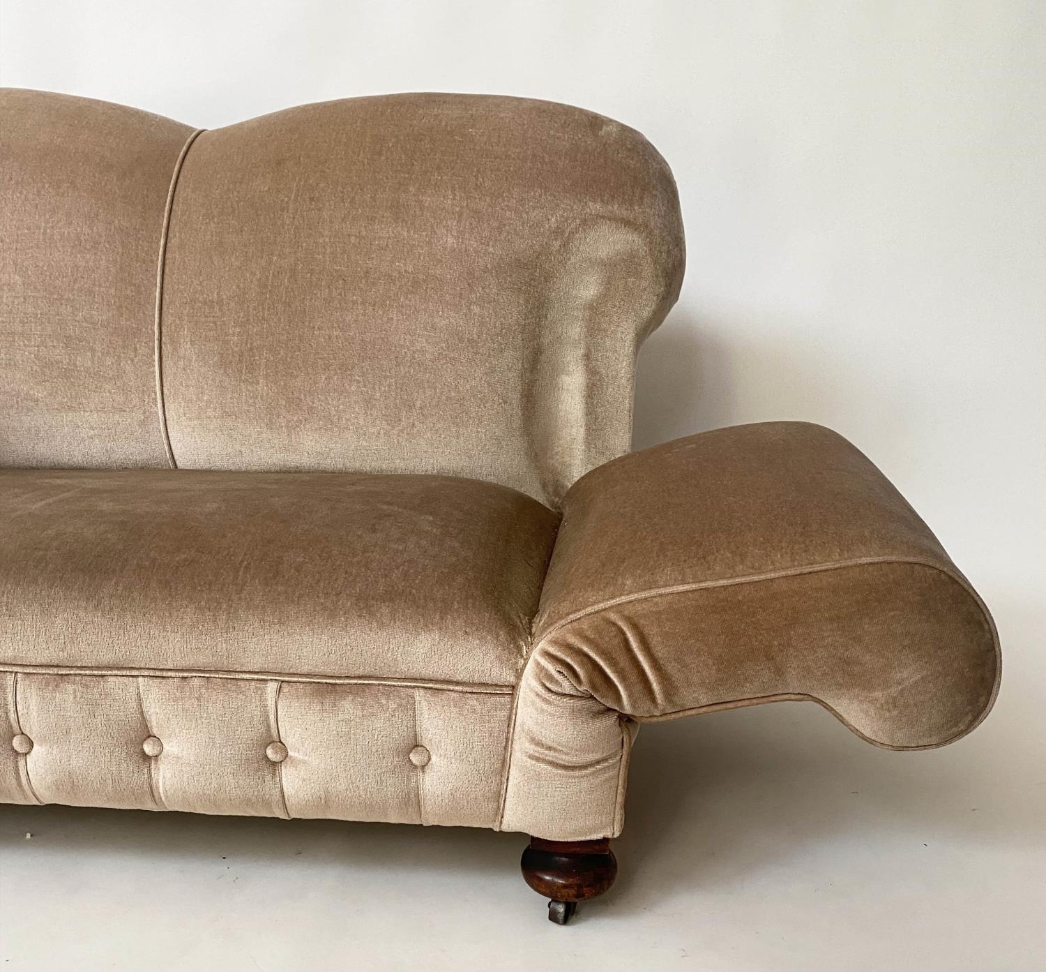 SOFA, 140cm W x 159cm arm down Edwardian two seater with drop arm and button taupe velvet - Image 6 of 8