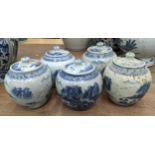 JARS WITH COVERS, a set of five, Chinese export style, blue and white ceramic, 15cm H. (5)