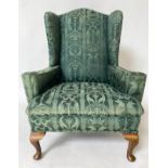 WING ARMCHAIR, Queen Anne style walnut with Royal green brocade style fabric upholstery with