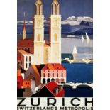 AFTER OTTO BAUMEBREGER, REPRODUCTION ZURICH TRAVEL ADVERTISEMENT, 120cm x 80cm, print on canvas.