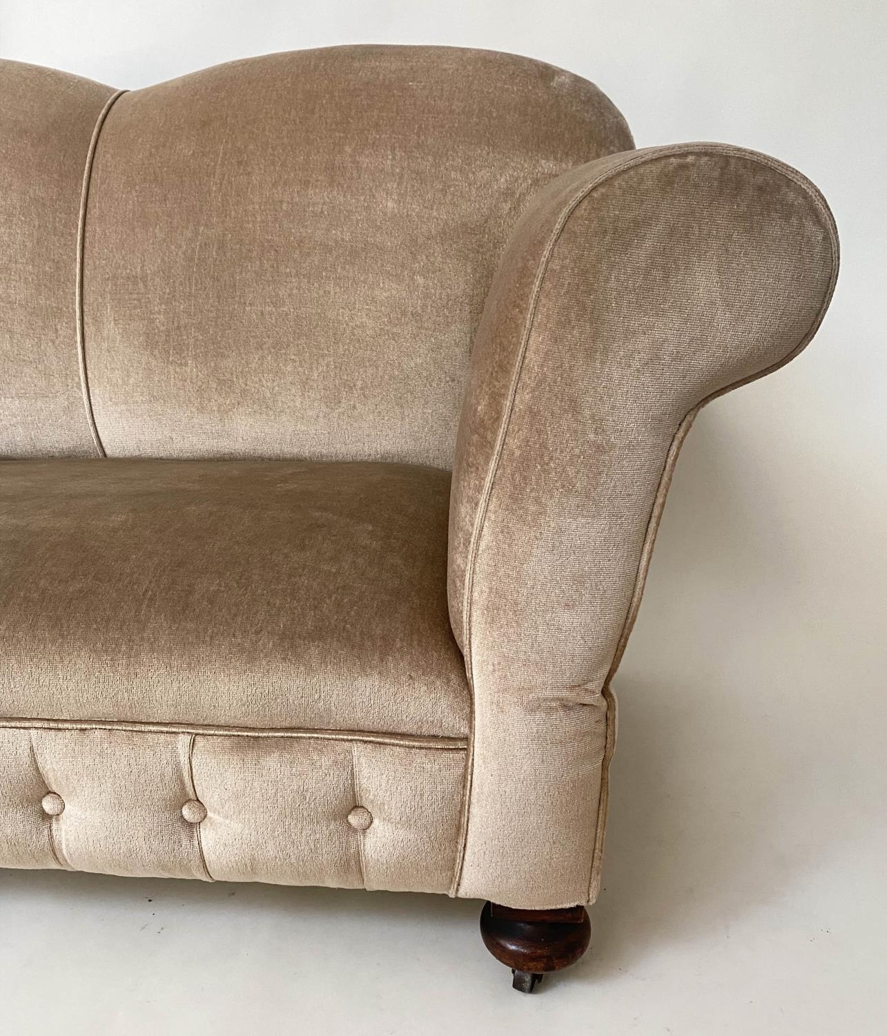 SOFA, 140cm W x 159cm arm down Edwardian two seater with drop arm and button taupe velvet - Image 7 of 8