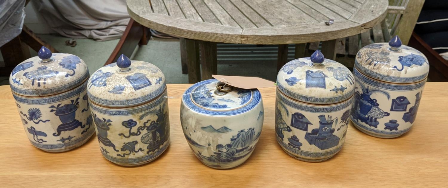 JARS WITH COVERS, a set of four, Chinese export style, blue and white ceramic, and one other, 18cm - Image 2 of 5